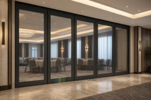 EBUNGE framed movable glass partition concept for hotel ballroom matte black