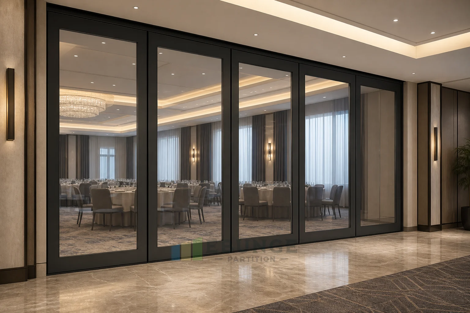 Mixed-Use Commercial Venue Presentation Background for Movable Glass Wall Interiors — opening application view explanatory EBUNGE movable glass wall concept