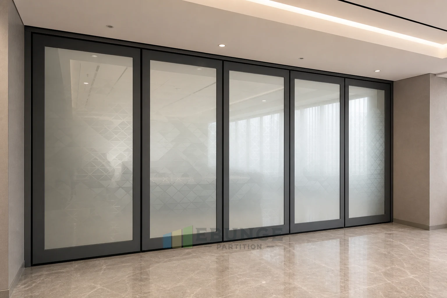Acoustic Ceiling Coordination Above Movable Glass Walls — alternative interior application explanatory EBUNGE movable glass wall concept