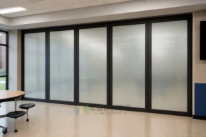 EBUNGE framed movable glass partition concept for school multipurpose room matte black