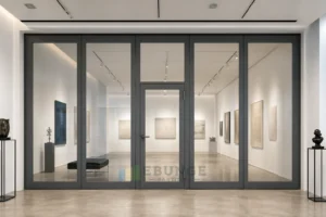 EBUNGE framed movable glass partition concept for exhibition hall graphite grey