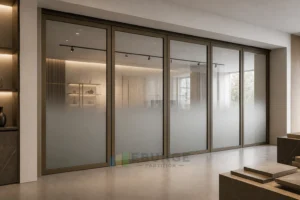 EBUNGE framed movable glass partition concept for design showroom architectural bronze
