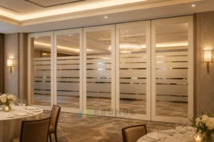 EBUNGE framed movable glass partition concept for hotel ballroom warm white