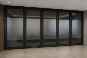 EBUNGE framed movable glass partition concept for conference center matte black
