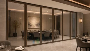 EBUNGE framed movable glass partition concept for restaurant private dining room architectural bronze