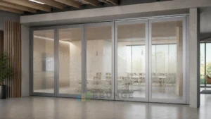 EBUNGE framed movable glass partition concept for office collaboration suite silver grey