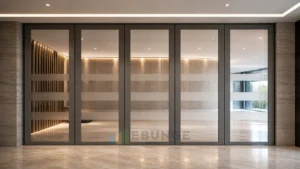 EBUNGE framed movable glass partition concept for auditorium foyer graphite grey