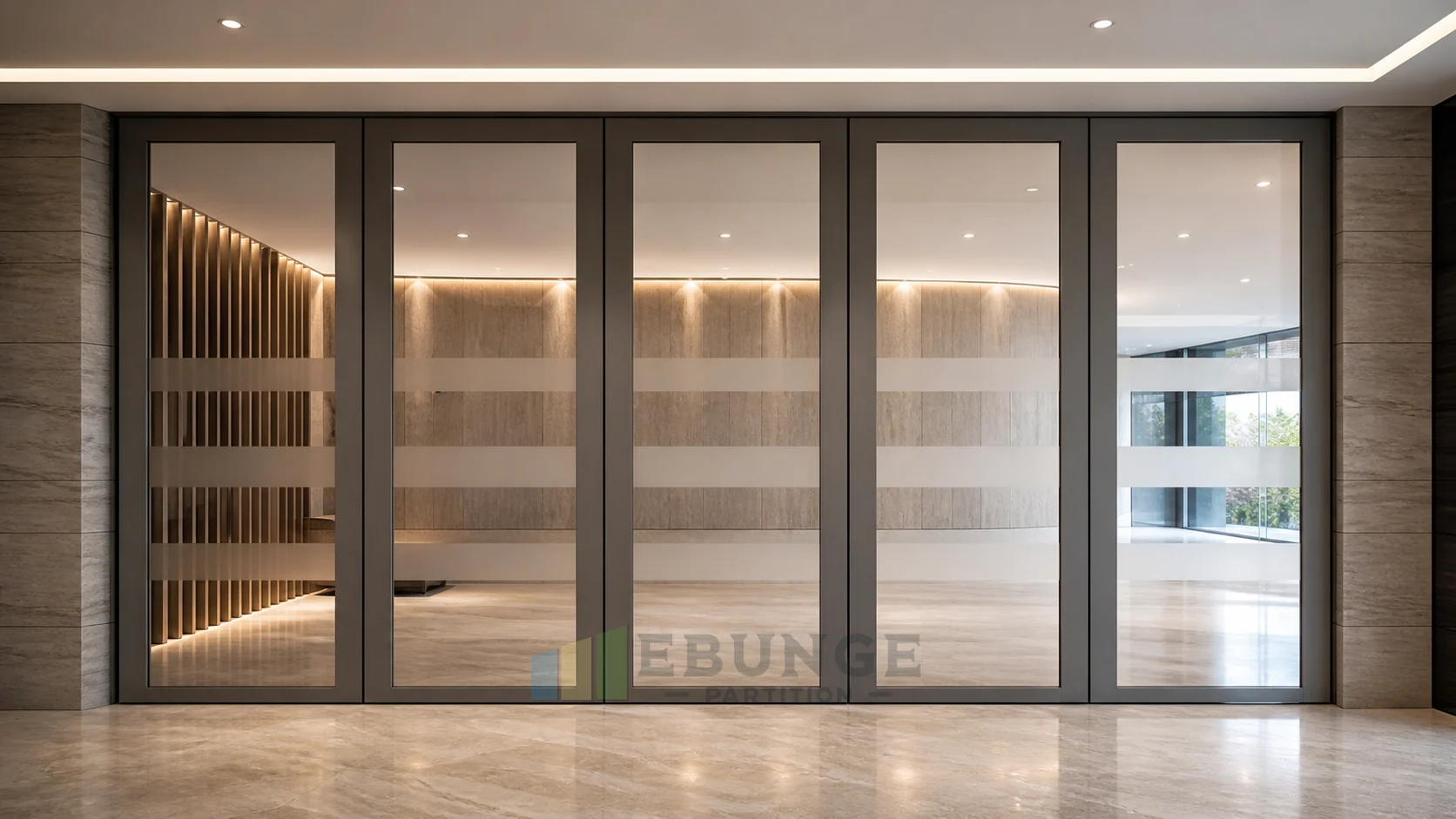 Movable Glass Walls for Corporate Cafeteria Event Spaces — alternative interior application explanatory EBUNGE movable glass wall concept