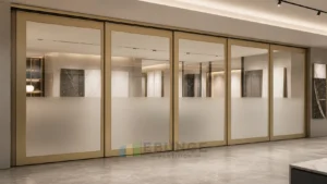 EBUNGE framed movable glass partition concept for design showroom champagne gold
