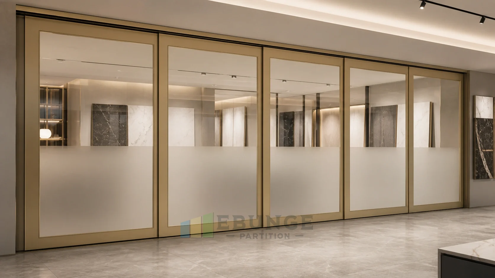 Champagne Design Showroom Frames for Movable Glass Wall Interiors — opening application view explanatory EBUNGE movable glass wall concept