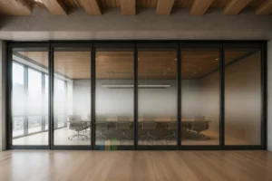 EBUNGE framed movable glass partition concept for executive boardroom matte black