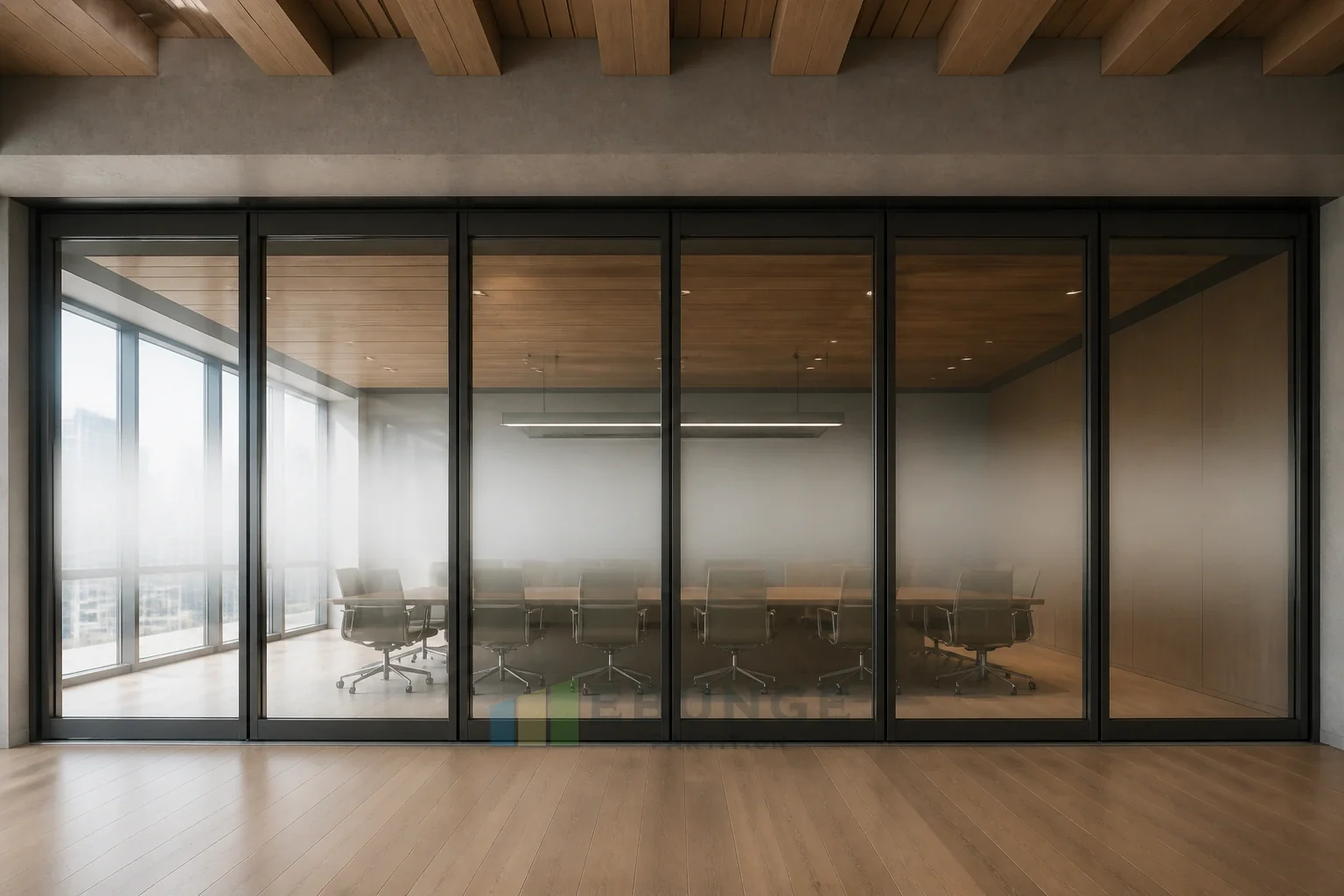 Movable Glass Walls for Executive Boardrooms — opening application view explanatory EBUNGE movable glass wall concept