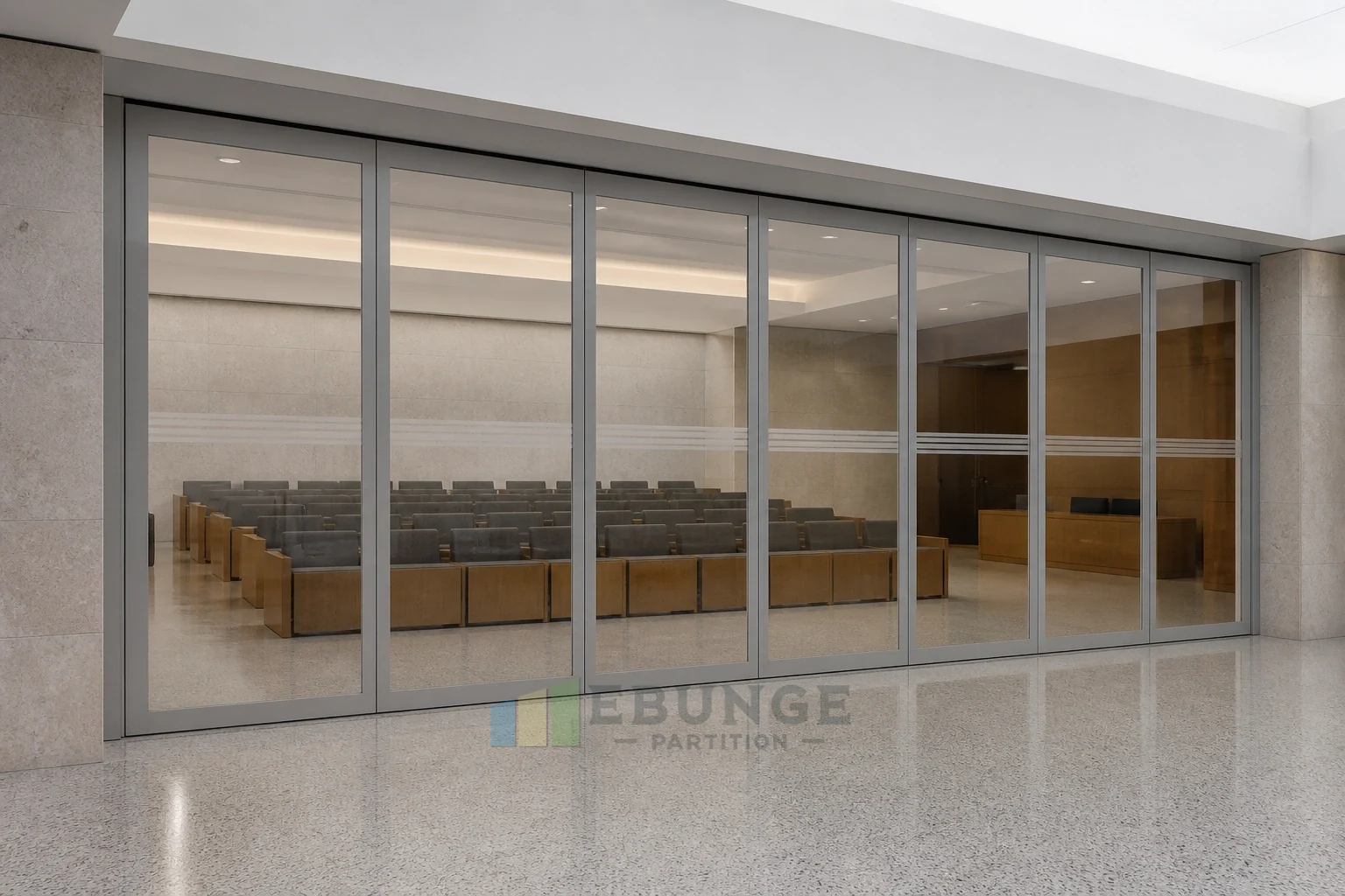 Civic Consultation Chamber Acoustic Planning with Movable Glass Walls — opening application view explanatory EBUNGE movable glass wall concept