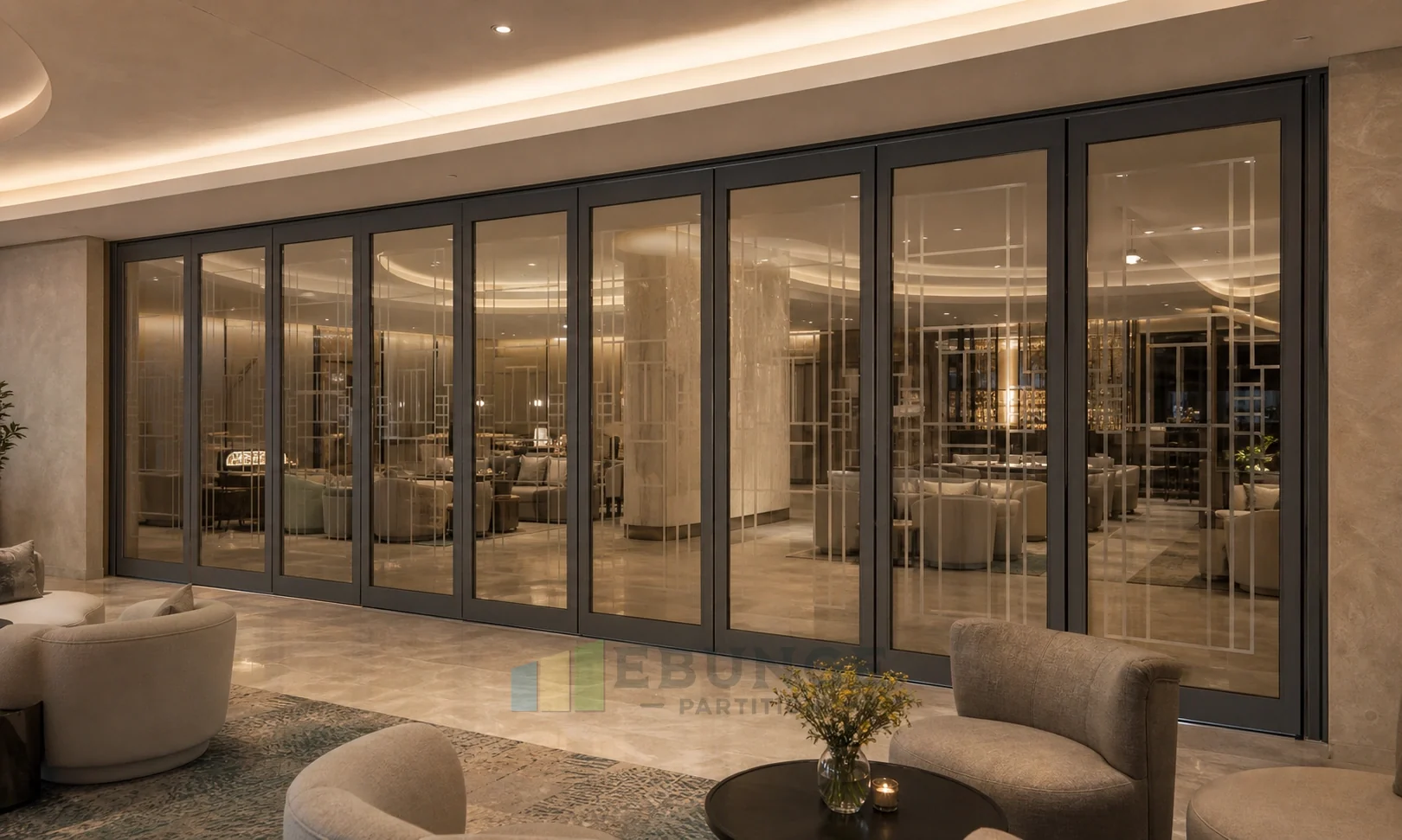 Movable Glass Walls for Exhibition Press Briefing Suites — commercial application detail explanatory EBUNGE movable glass wall concept