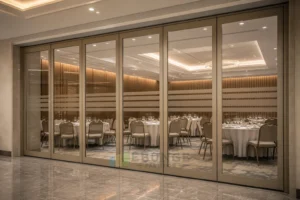 EBUNGE framed movable glass partition concept for restaurant banquet annex champagne gold