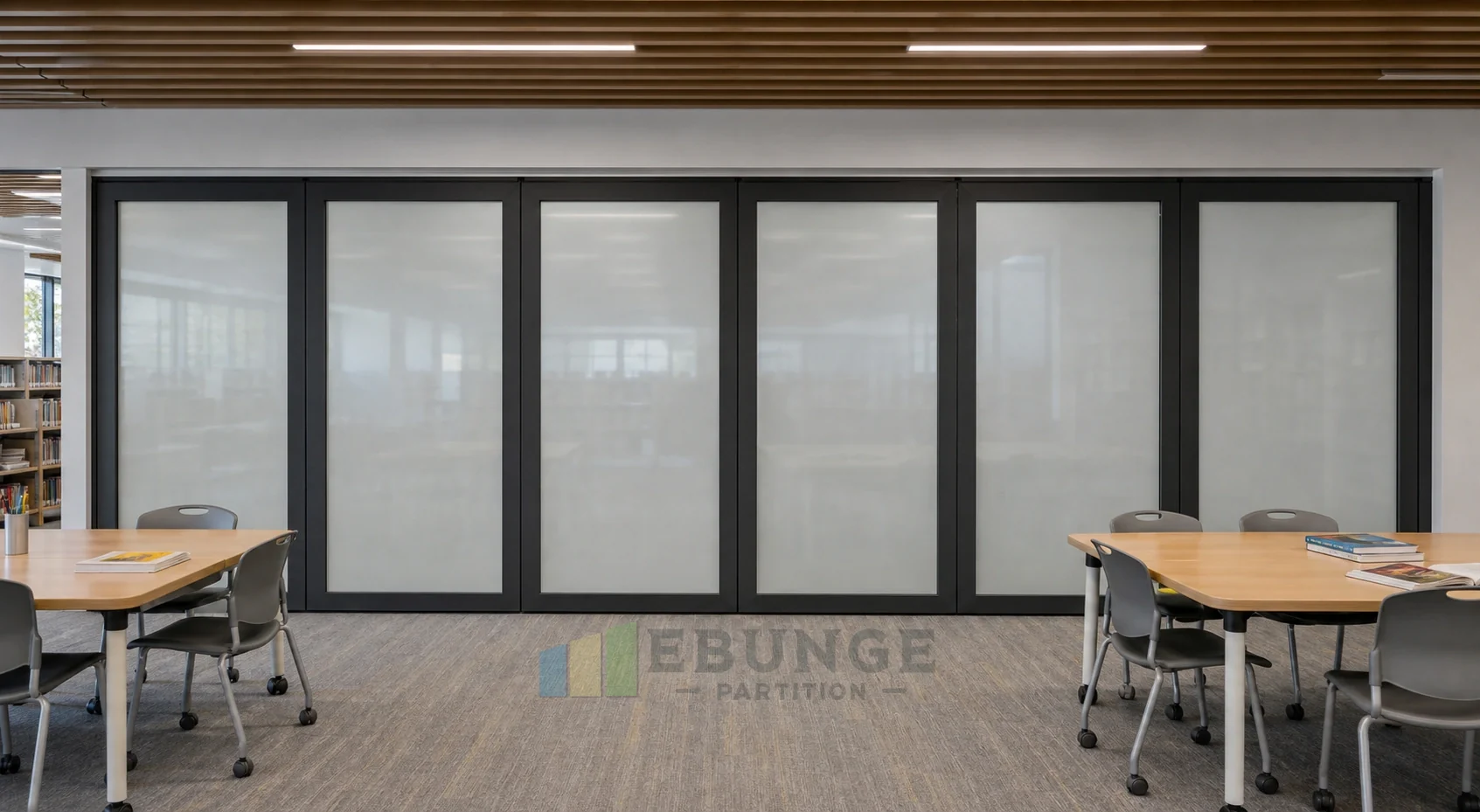 Public Library Event Room Acoustic Planning with Movable Glass Walls — opening application view explanatory EBUNGE movable glass wall concept