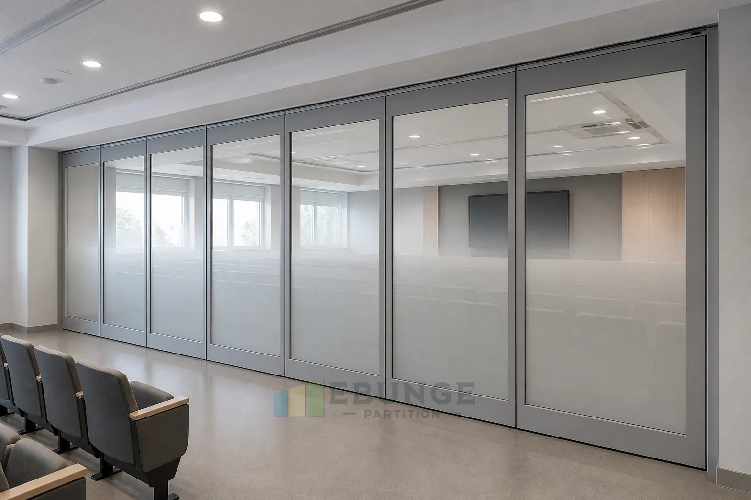 Silver Grey Healthcare Auditorium Frames for Movable Glass Wall Interiors — opening application view explanatory EBUNGE movable glass wall concept