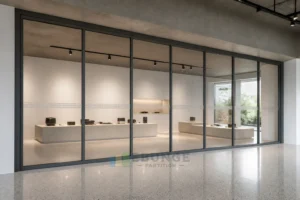EBUNGE framed movable glass partition concept for technology design showroom graphite grey