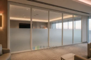 EBUNGE framed movable glass partition concept for airport business lounge warm white