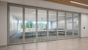 EBUNGE framed movable glass partition concept for municipal workshop room silver grey