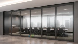 EBUNGE framed movable glass partition concept for financial office boardroom graphite grey