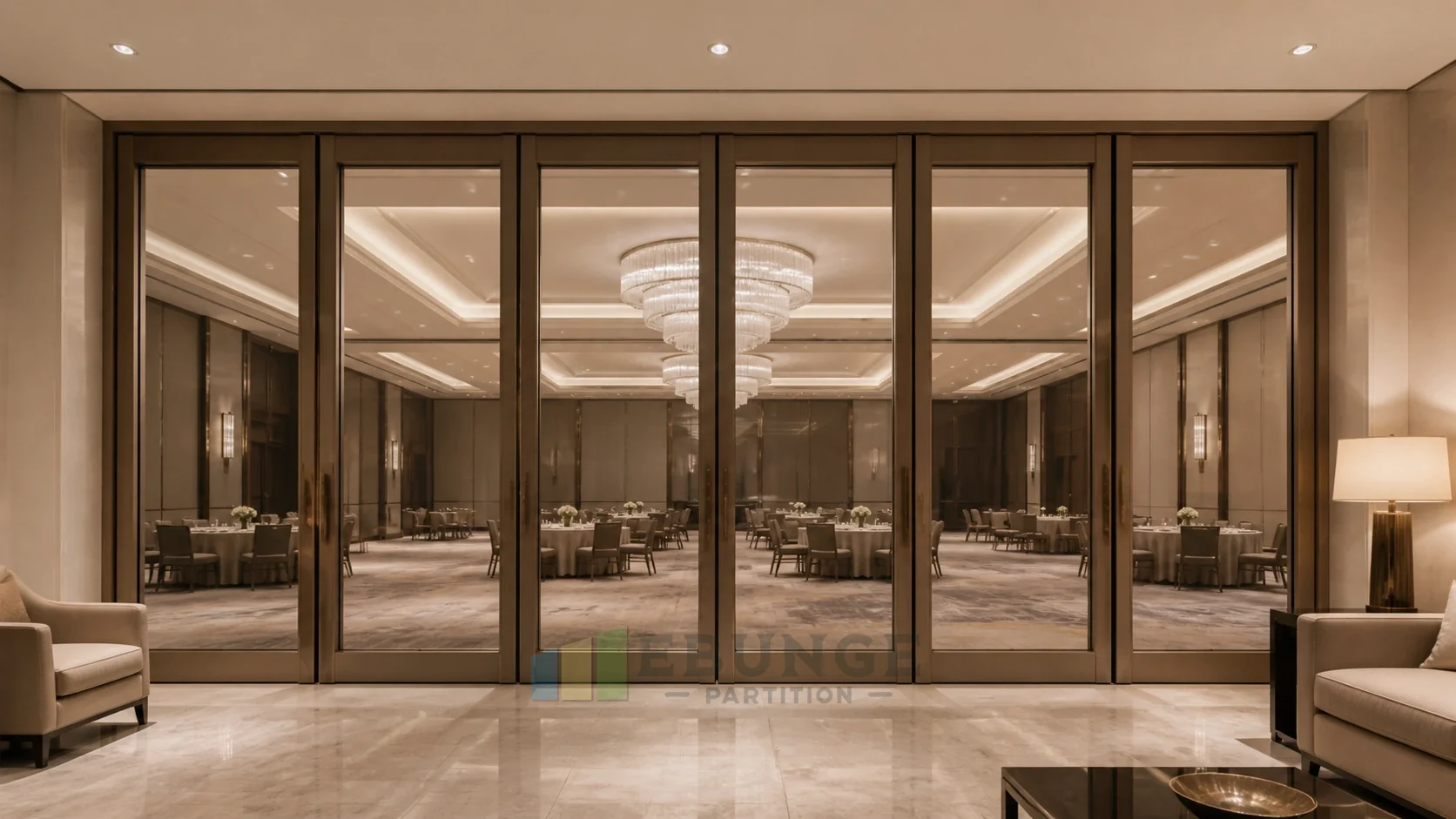 Movable Glass Walls for Hotel Ballroom Foyers — opening application view explanatory EBUNGE movable glass wall concept