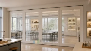 EBUNGE framed movable glass partition concept for science museum workshop warm white