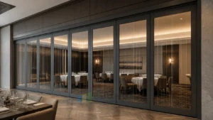 EBUNGE framed movable glass partition concept for restaurant event suite graphite grey