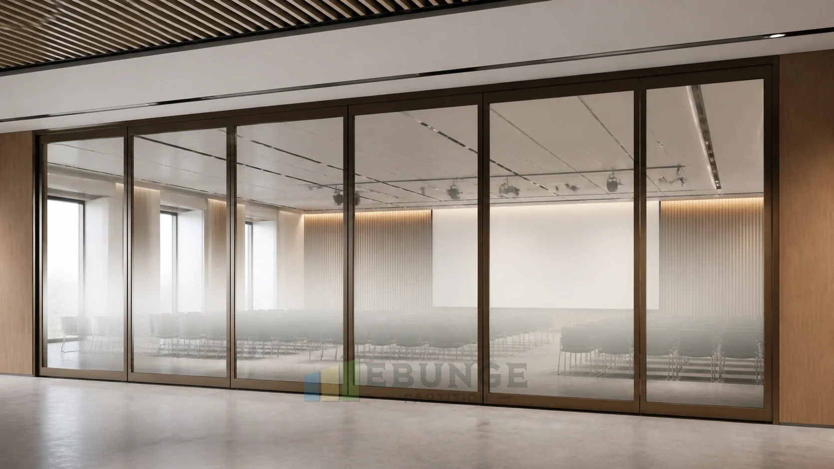 Mixed-Use Commercial Venue Presentation Background for Movable Glass Wall Interiors — commercial application detail explanatory EBUNGE movable glass wall concept