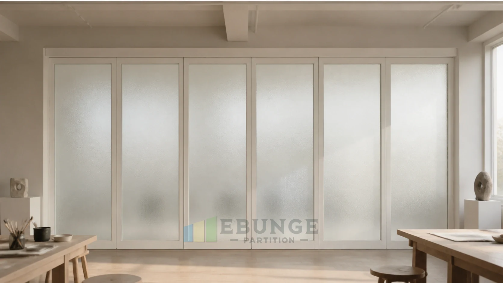 Warm White Community Arts Frames for Movable Glass Wall Interiors — opening application view explanatory EBUNGE movable glass wall concept
