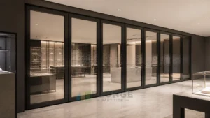 EBUNGE framed movable glass partition concept for luxury retail design showroom matte black