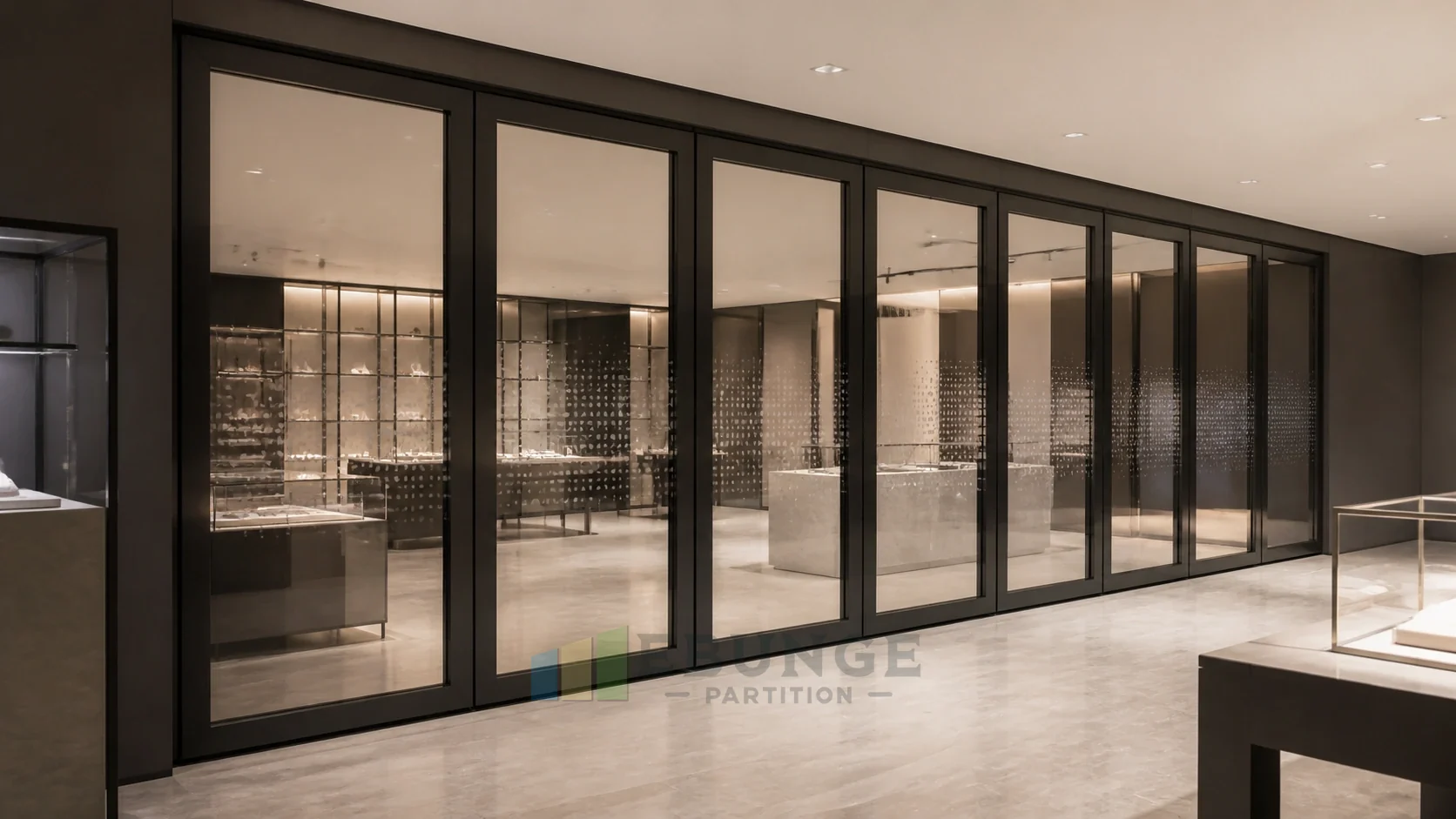 Luxury Retail Showroom Wall Selection for Movable Glass Wall Procurement — opening application view explanatory EBUNGE movable glass wall concept
