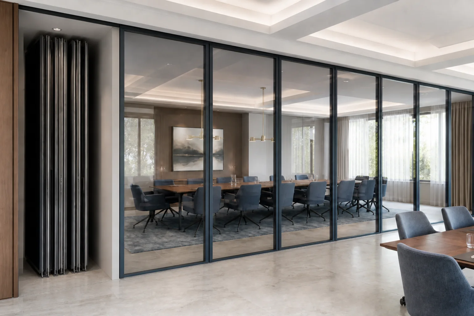 Framed double-glazed movable glass wall for a flexible meeting room