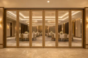 Completed hotel ballroom divided by a bronze framed movable glass wall