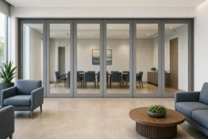 Completed civic consultation suite divided by a framed movable glass wall