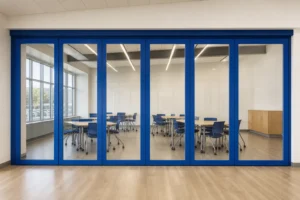 Completed school learning studio divided by a cobalt framed movable glass wall