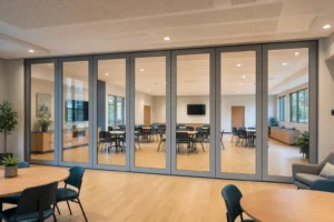 Completed community centre multipurpose room divided by a framed movable glass wall