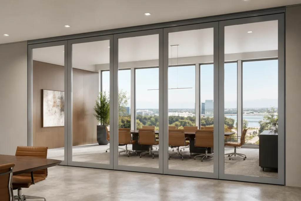 Clear framed movable glass partition in a modern commercial interior