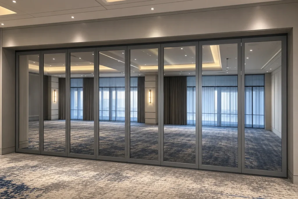 Overhead track coordination for movable glass partitions