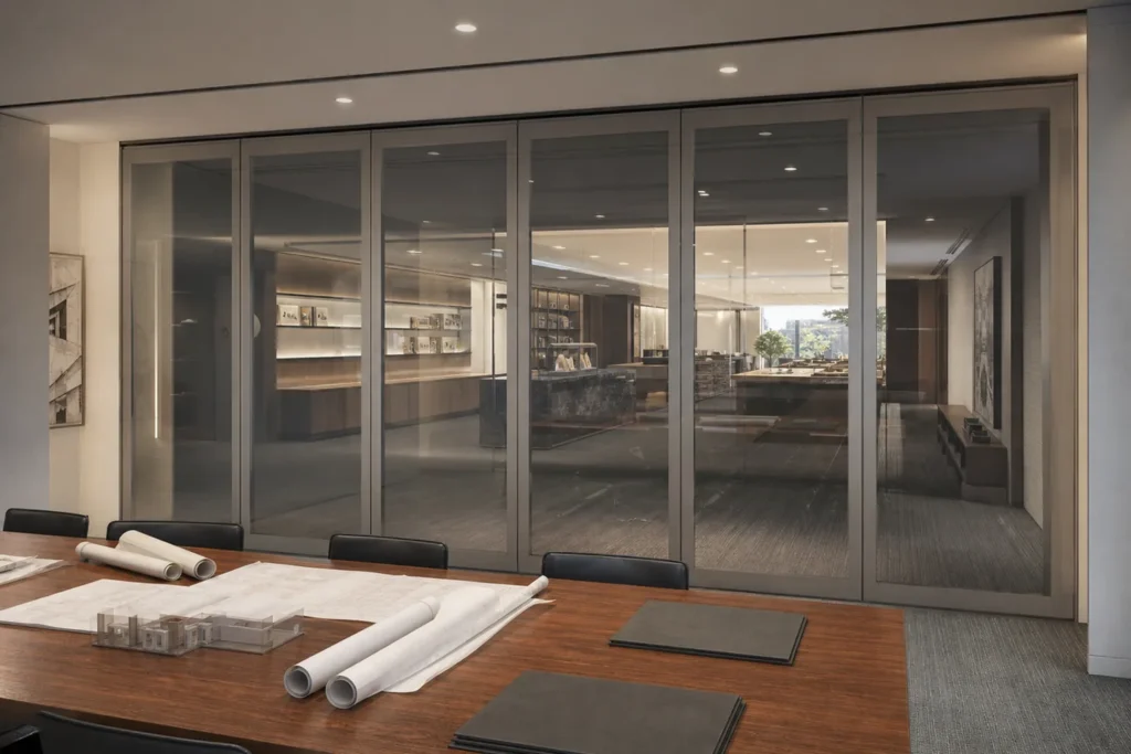 Project team reviewing movable glass partition requirements