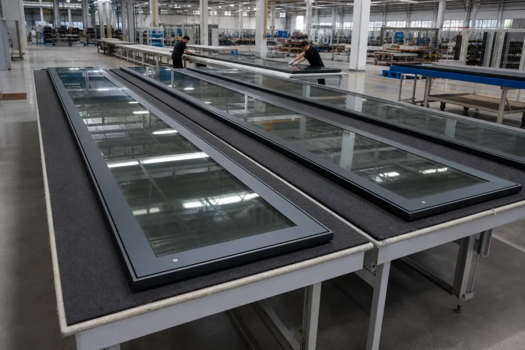 Full-size movable glass partition panels in production