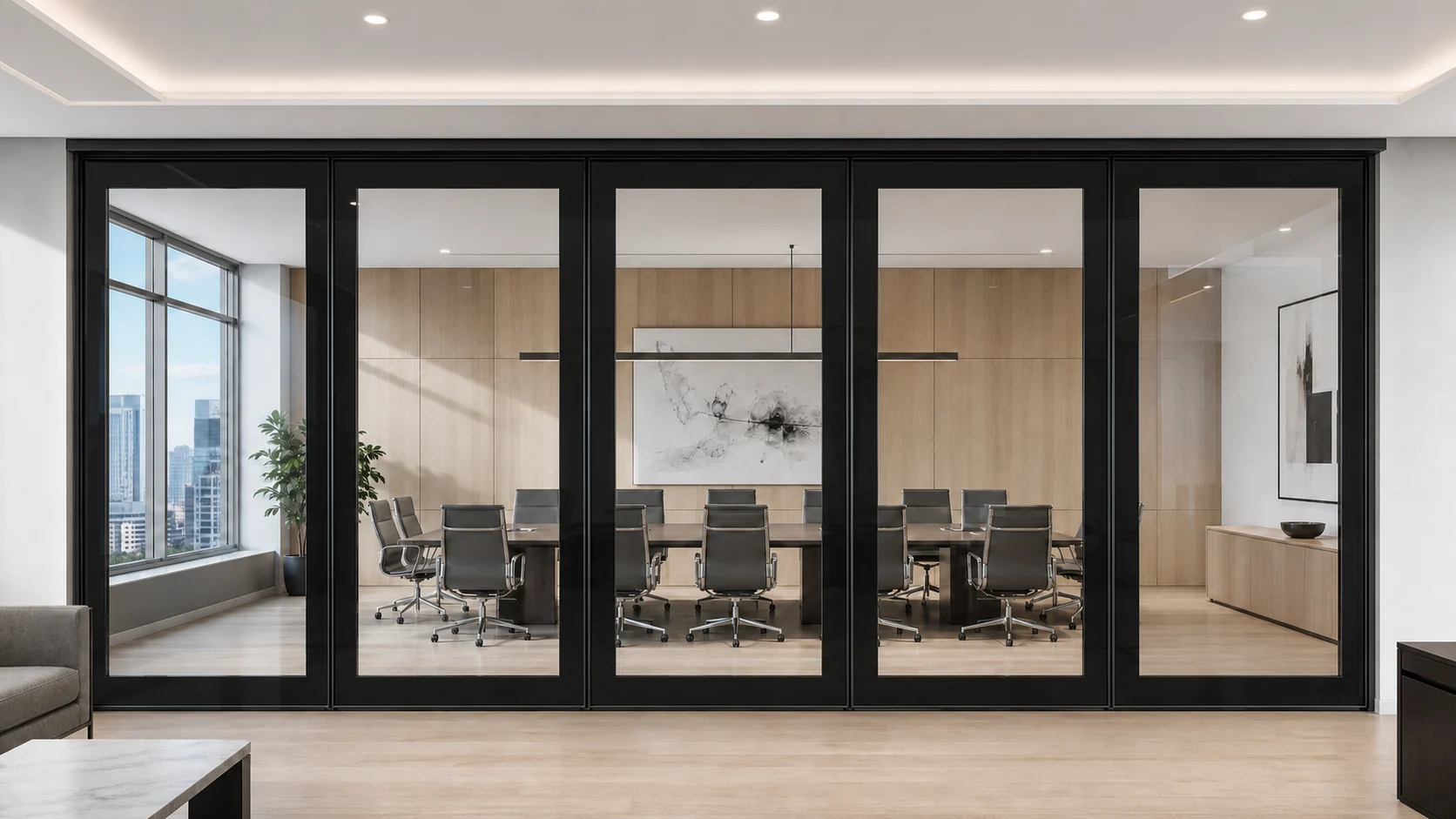Framed double-glazed movable glass partition with slim aluminum profiles and four-sided black back-painted glass borders