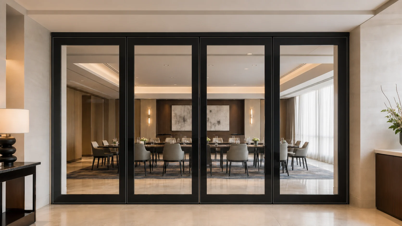 Top-hung acoustic movable glass wall in a hotel conference interior