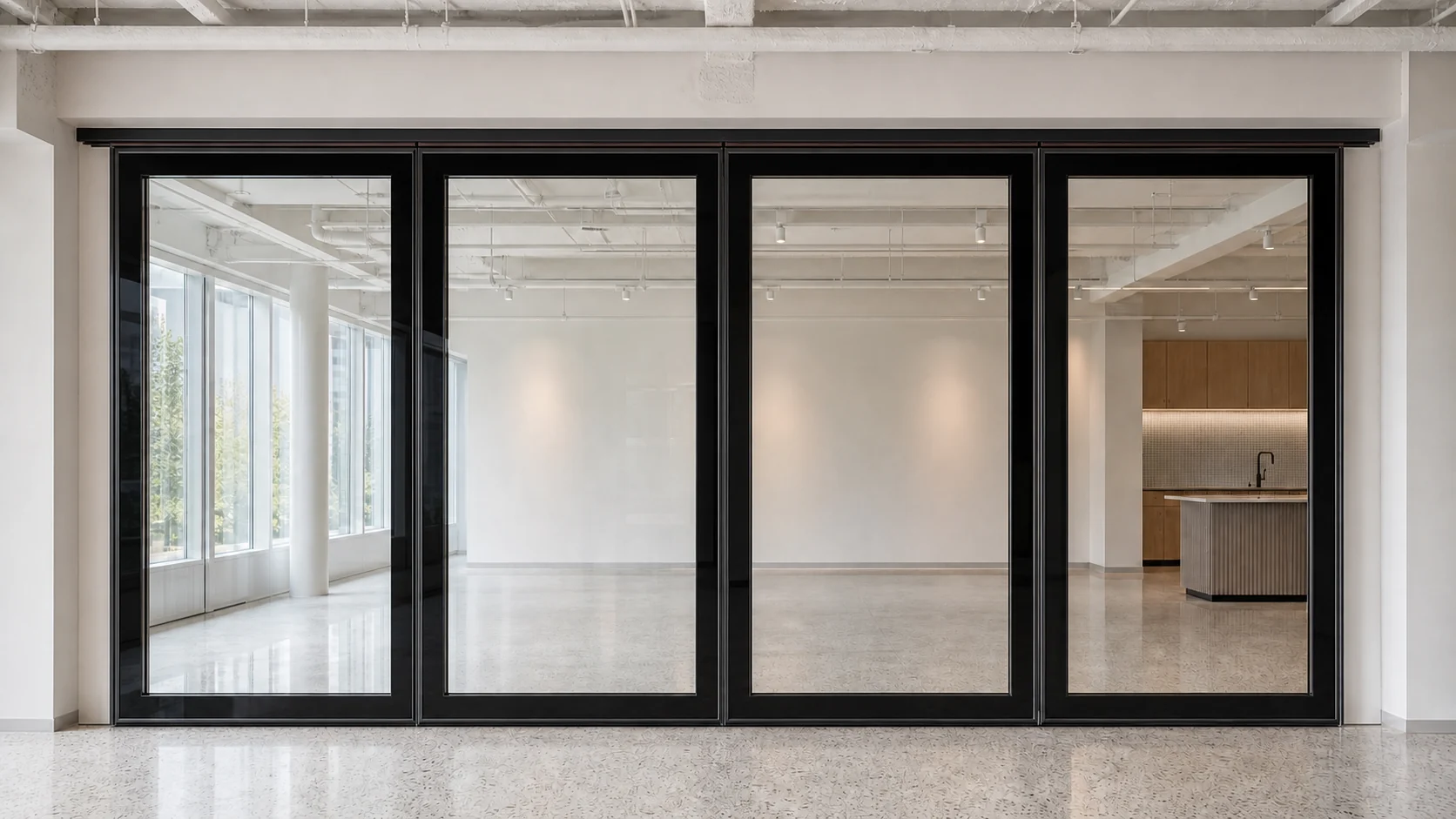 Double-glazed movable glass wall suspended from a continuous overhead track
