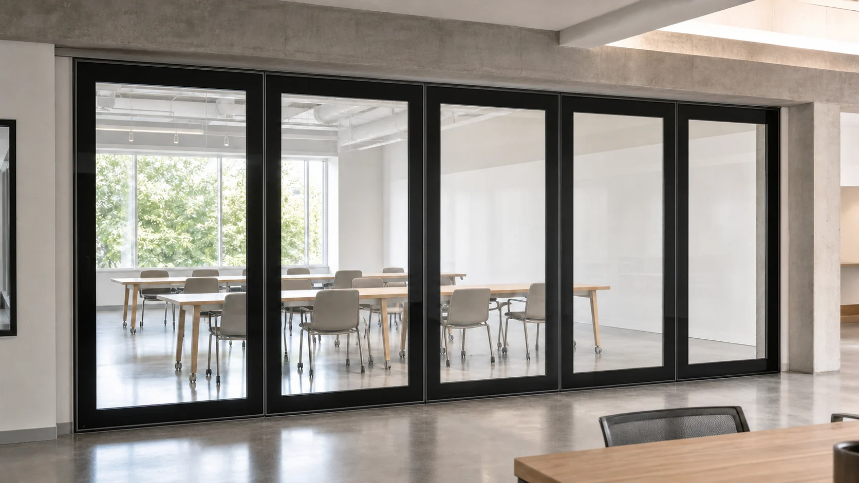Framed movable glass partition with slim metal profiles and transparent glazing