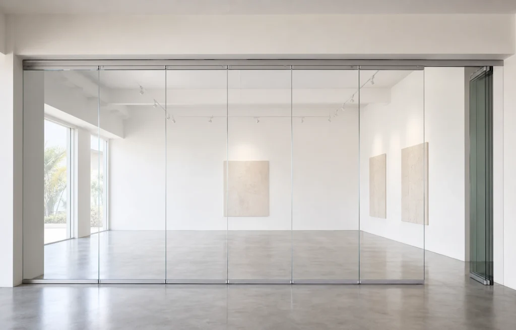 Top-hung frameless single-glazed movable glass wall with clear panel edges and side parking