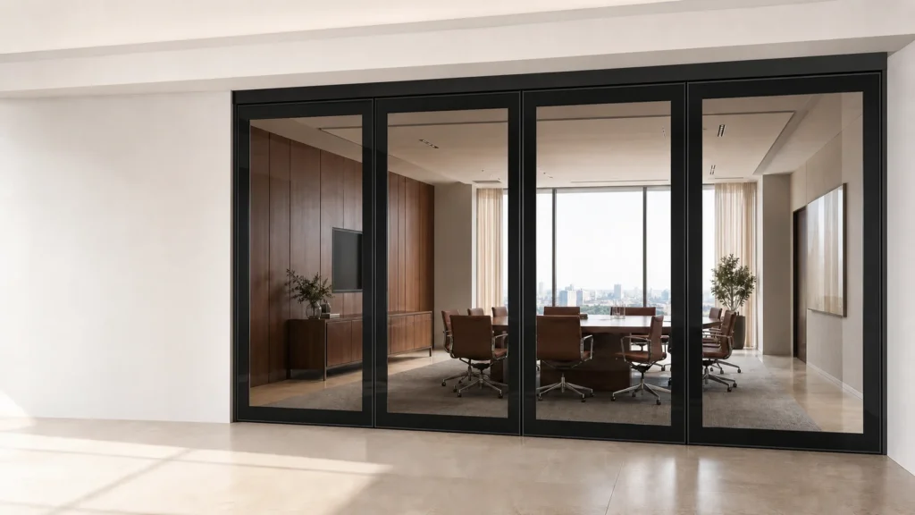 EBUNGE framed double-glazed movable glass partition in a commercial meeting room