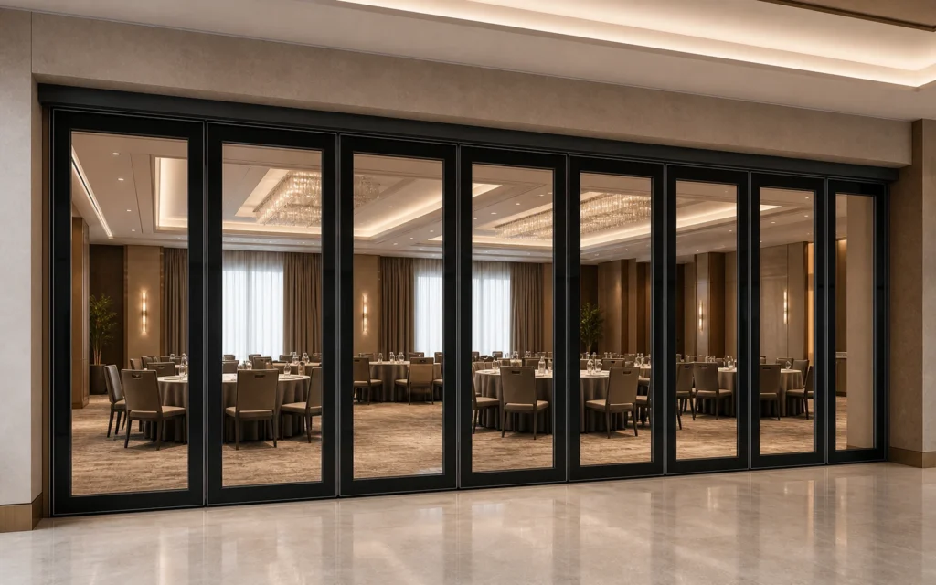 Top-hung framed double-glazed movable glass wall in a large hotel conference venue