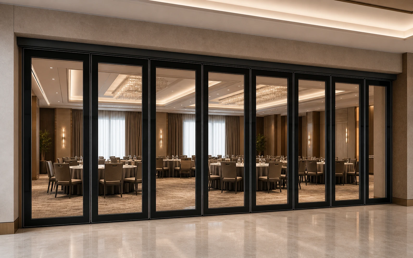 Top-hung framed double-glazed movable glass wall in a large hotel conference venue
