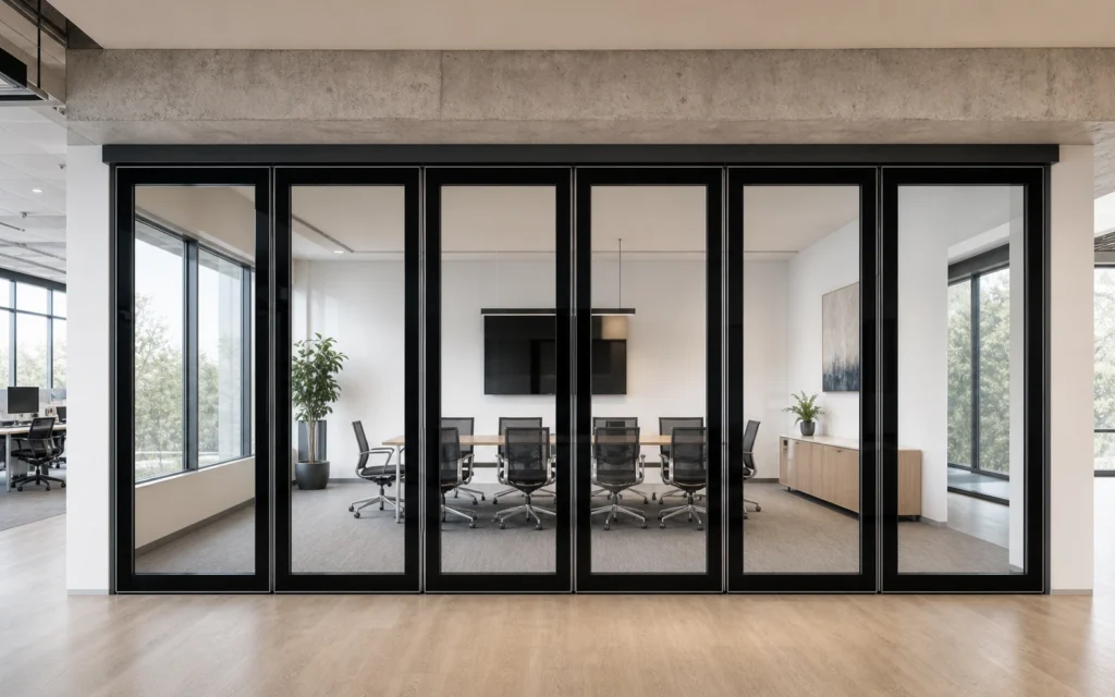 Top-hung framed double-glazed movable glass wall in a contemporary office meeting room